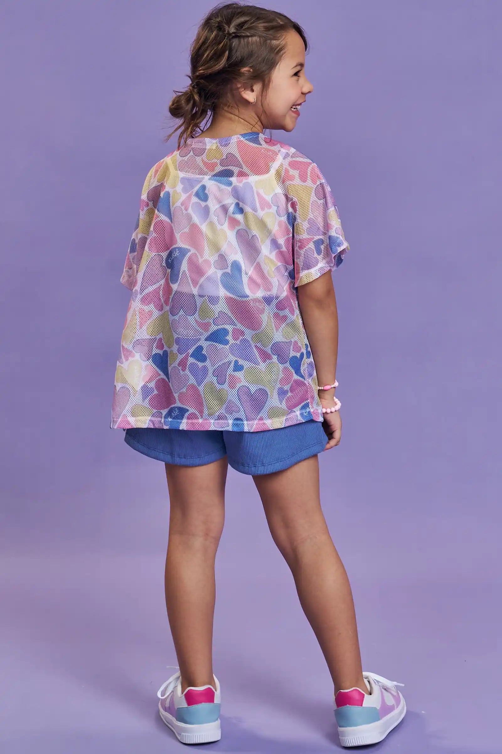 Conjunto Infantil Kukiê Inverno com Shorts Azul, Blusa e Kimono Corações