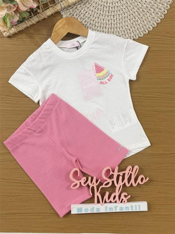 Conjunto Infantil Kukiê Verão com Shorts Ciclista Rosa e Blusa Branca Fresh