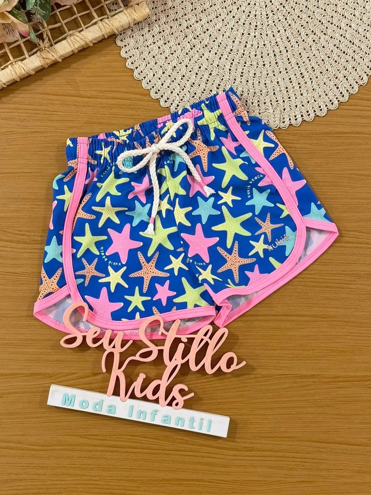 Shorts Infantil Menina Kukiê Nylon Azul Estrela do Mar