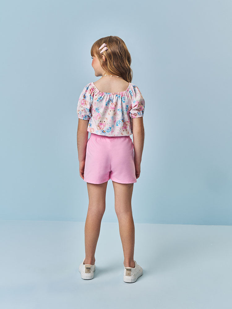Conjunto Infantil Cinti Verão com Shorts Lacinho e Blusa Rosa Estampada