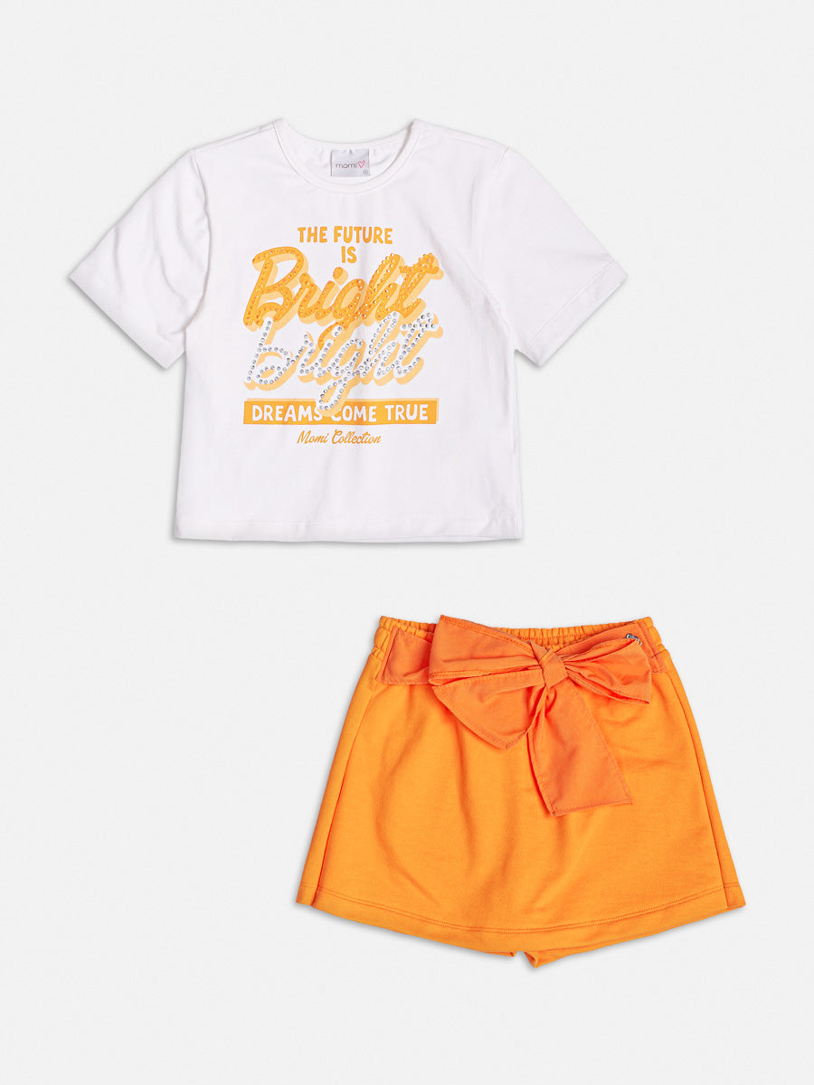 Conjunto Infantil Momi Verão Shorts Saia Laranja e Blusa com Strass