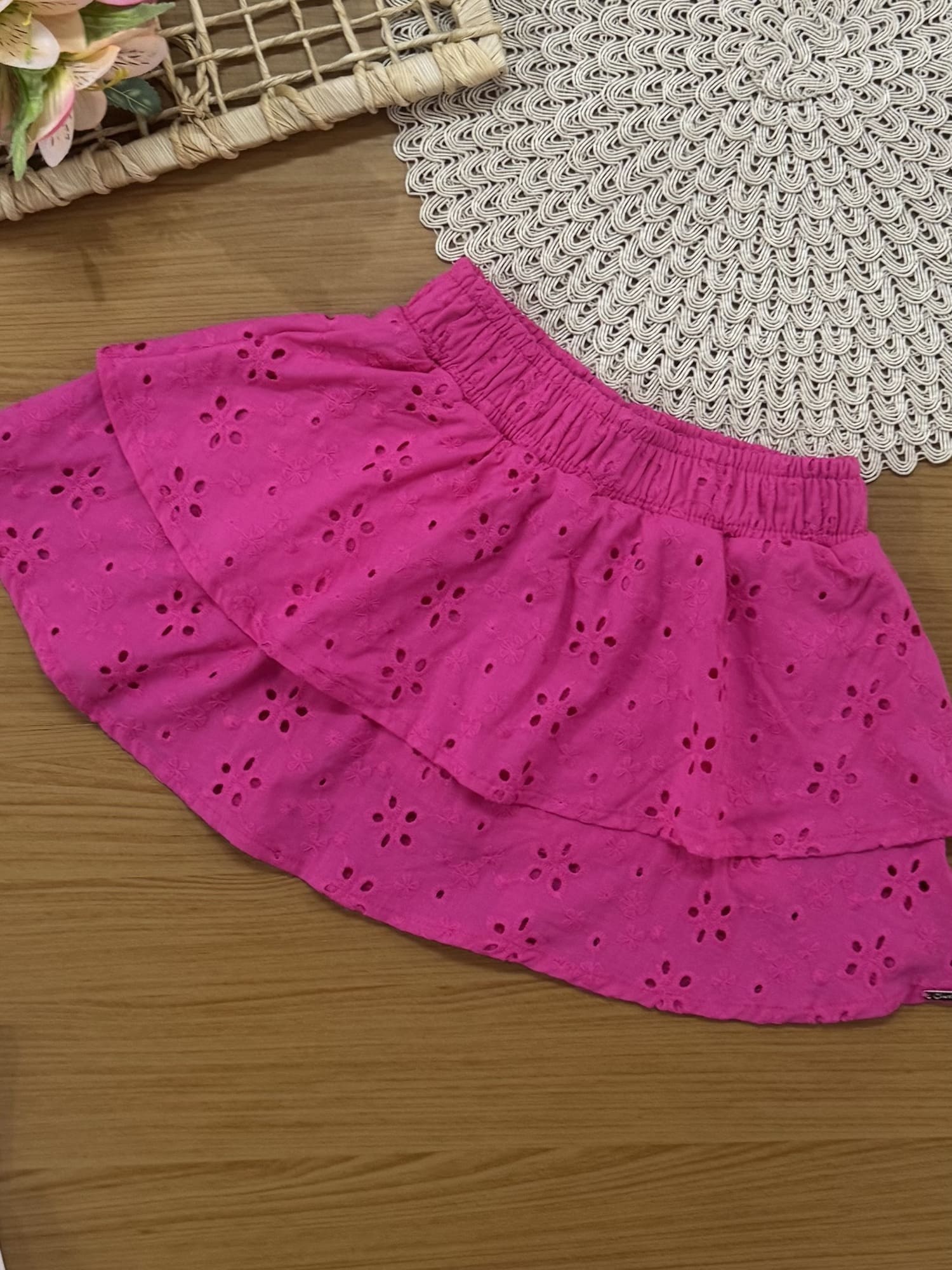 Conjunto Infantil Cinti Verão com Saia Rosa e Blusa Branca Coração Bordado