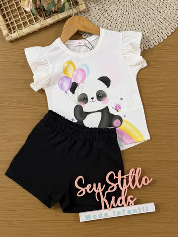 Conjunto Infantil Kukiê com Shorts Preto e Blusa Branca Pandinha