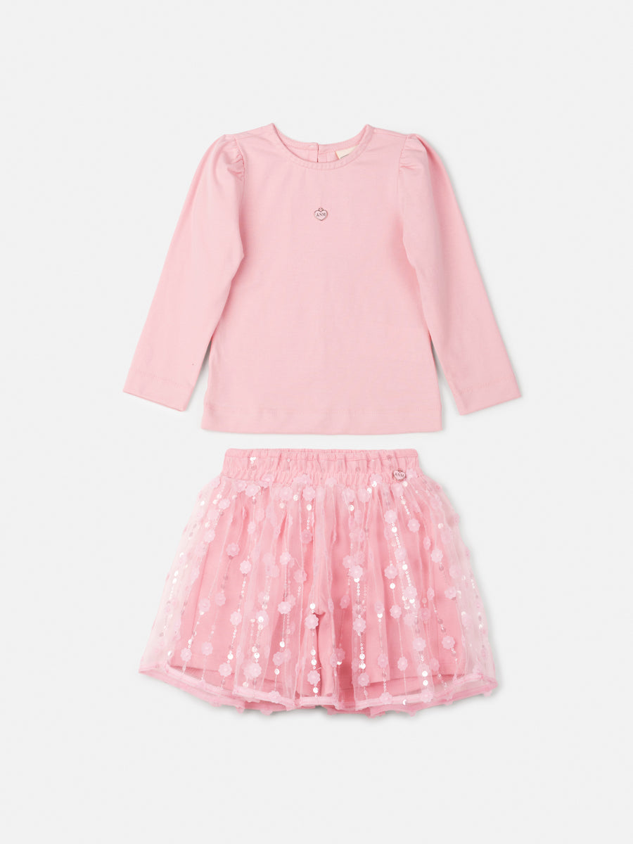 Conjunto Infantil Animê Inverno Com Saia Tule Florzinha e Blusa Rosa