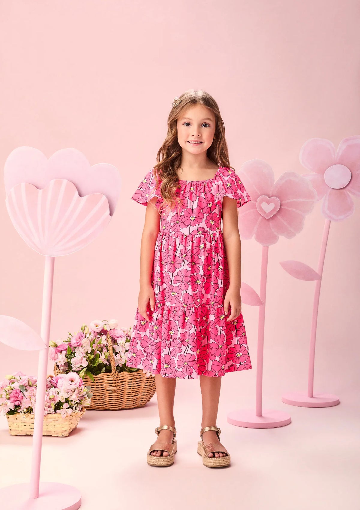Vestido Infantil Momi com Flores Rosa Neon