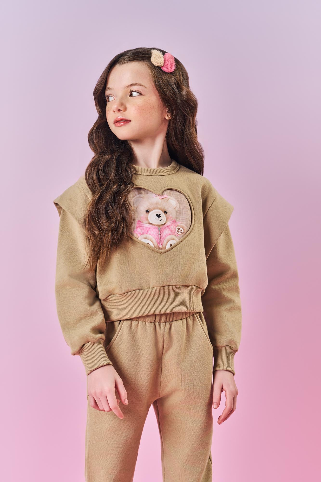 Conjunto Infantil Cinti Inverno Calça e Moletom Flanelado Bege Ursinho Coração