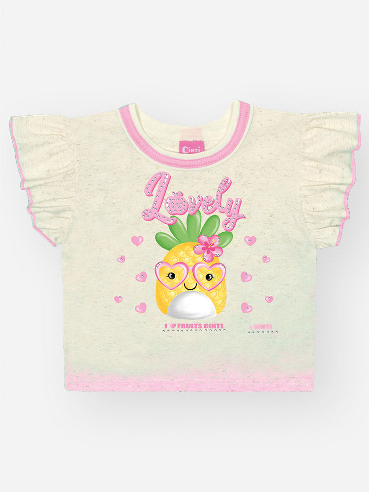 Conjunto Infantil Cinti Verão com Shorts Saia Rosa e Blusa Off White Abacaxi
