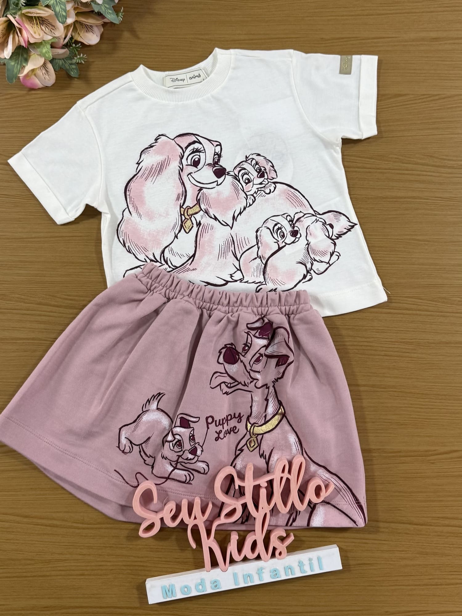 Conjunto Infantil Animê Inverno com Saia Rosa e Blusa A Dama e o Vagabundo Disney