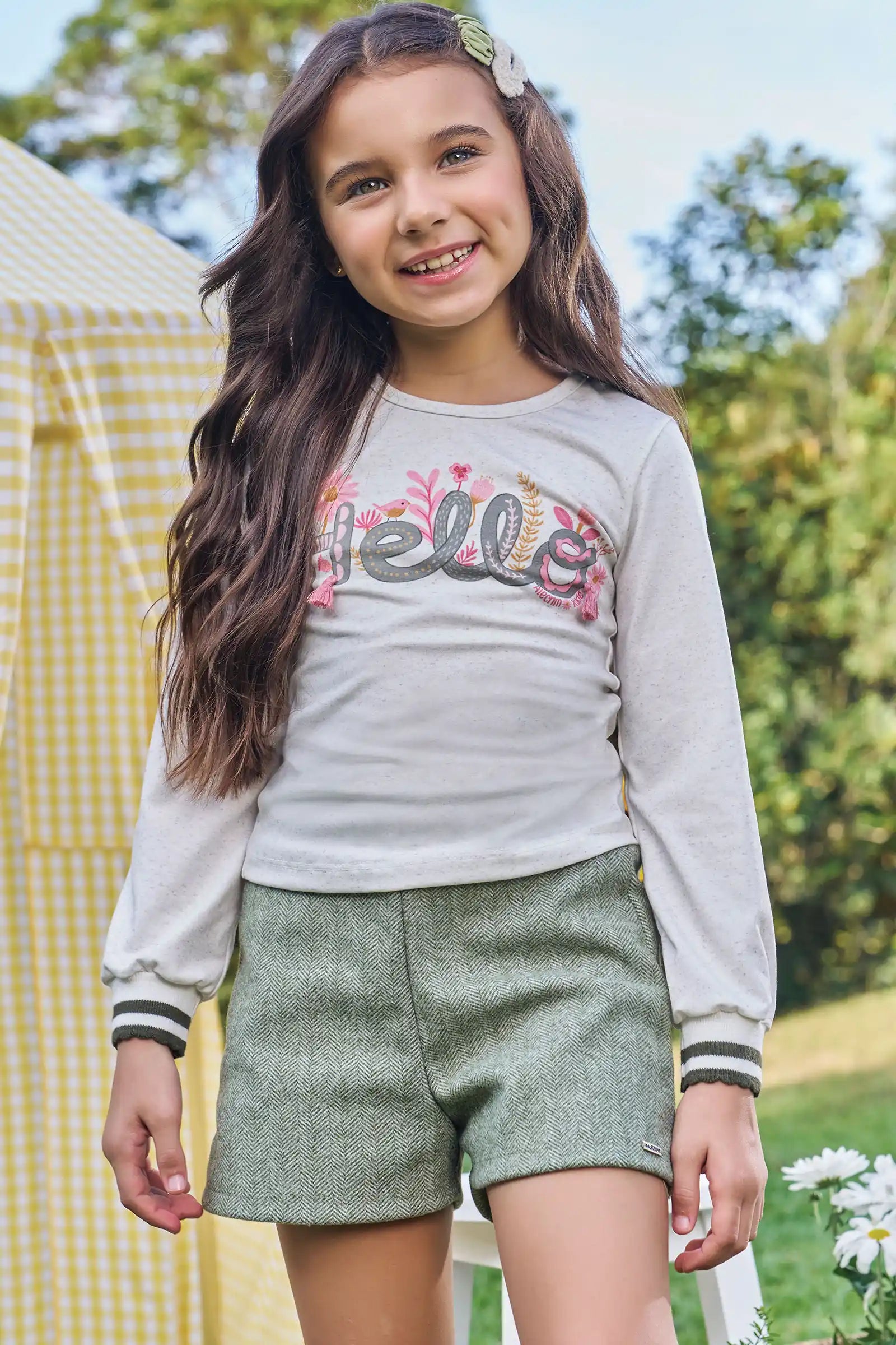 Conjunto Infantil Kukiê Inverno com Shorts Verde e Blusa Manga Longa Hello