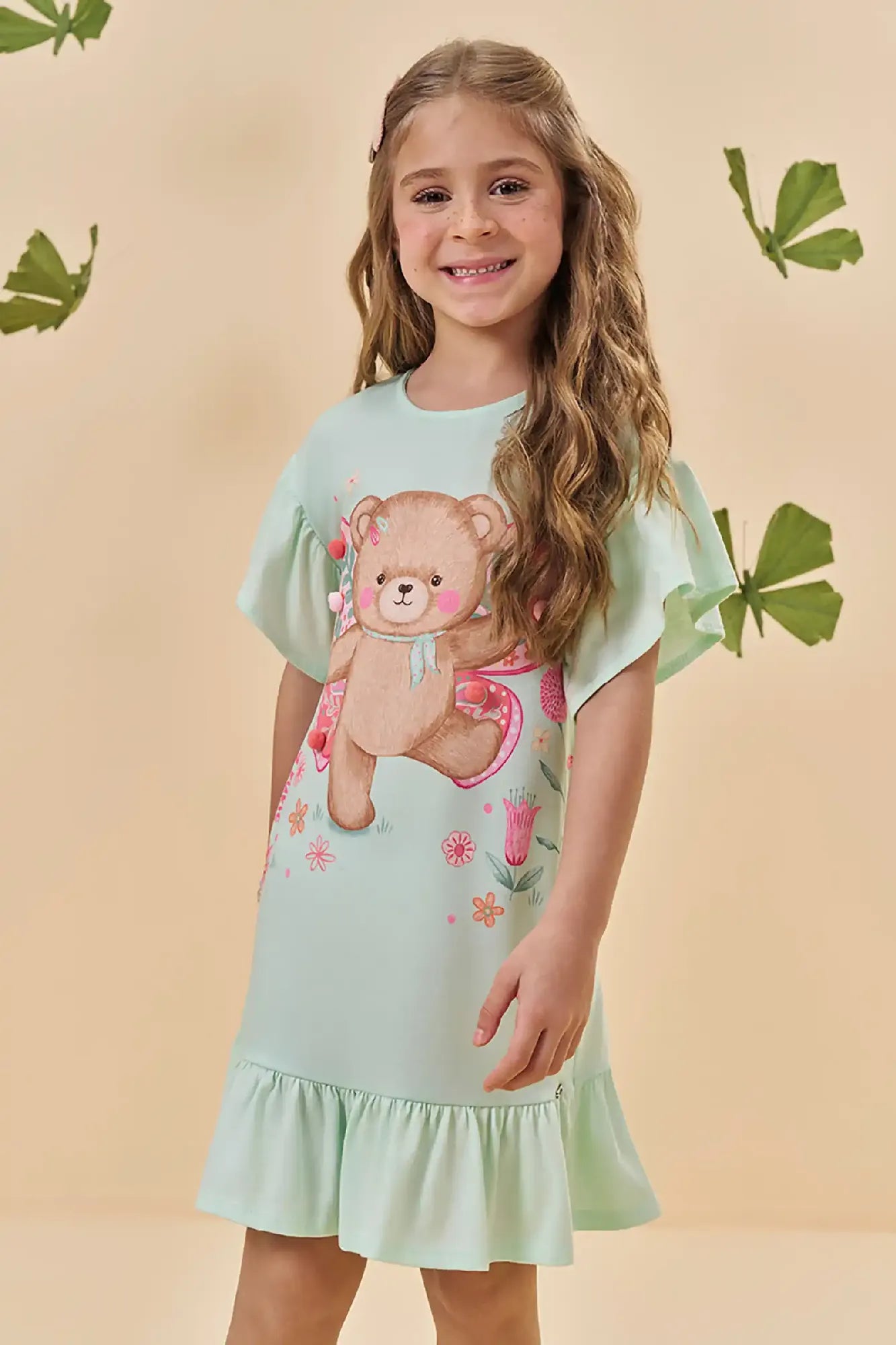Vestido Infantil Kukiê Verão Verde Ursinha Borboleta