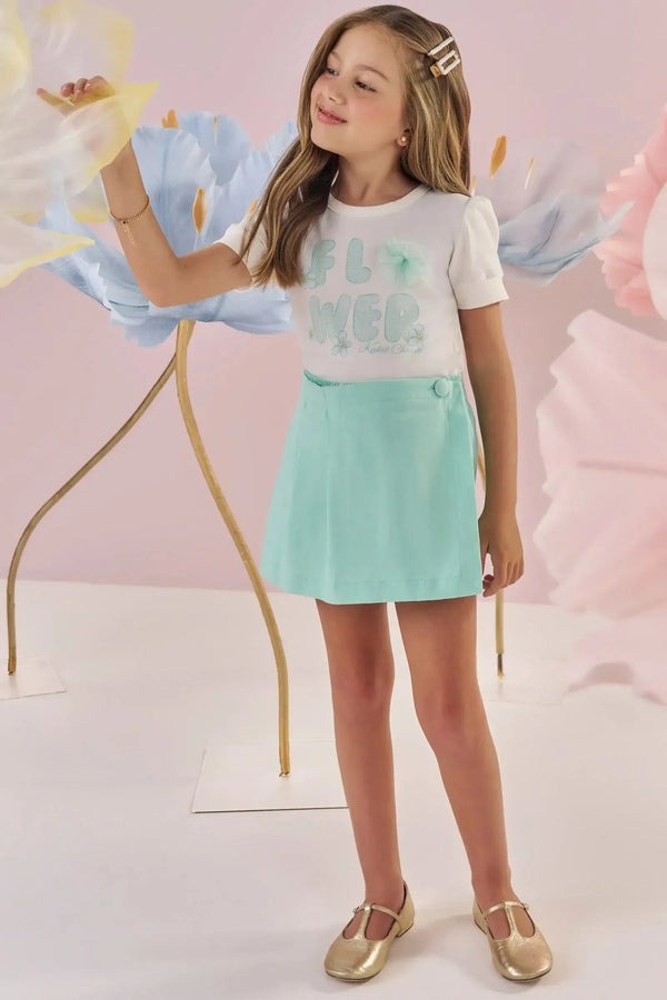 Conjunto Infantil Kukiê Verão com Shorts Saia Verde e Blusa Branca Flower