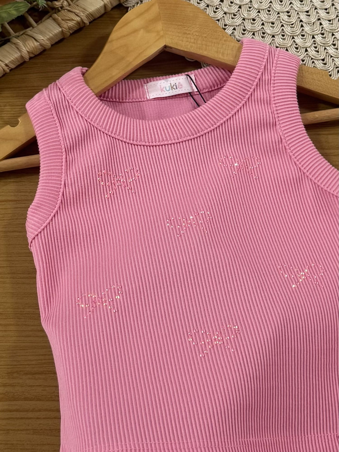 Regata Infantil Kukiê Verão Rosa com Strass