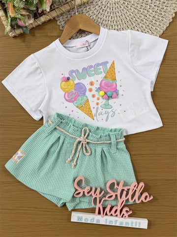Conjunto Infantil Kukiê Verão com Shorts Verde e Blusa Branca Sorvetinho