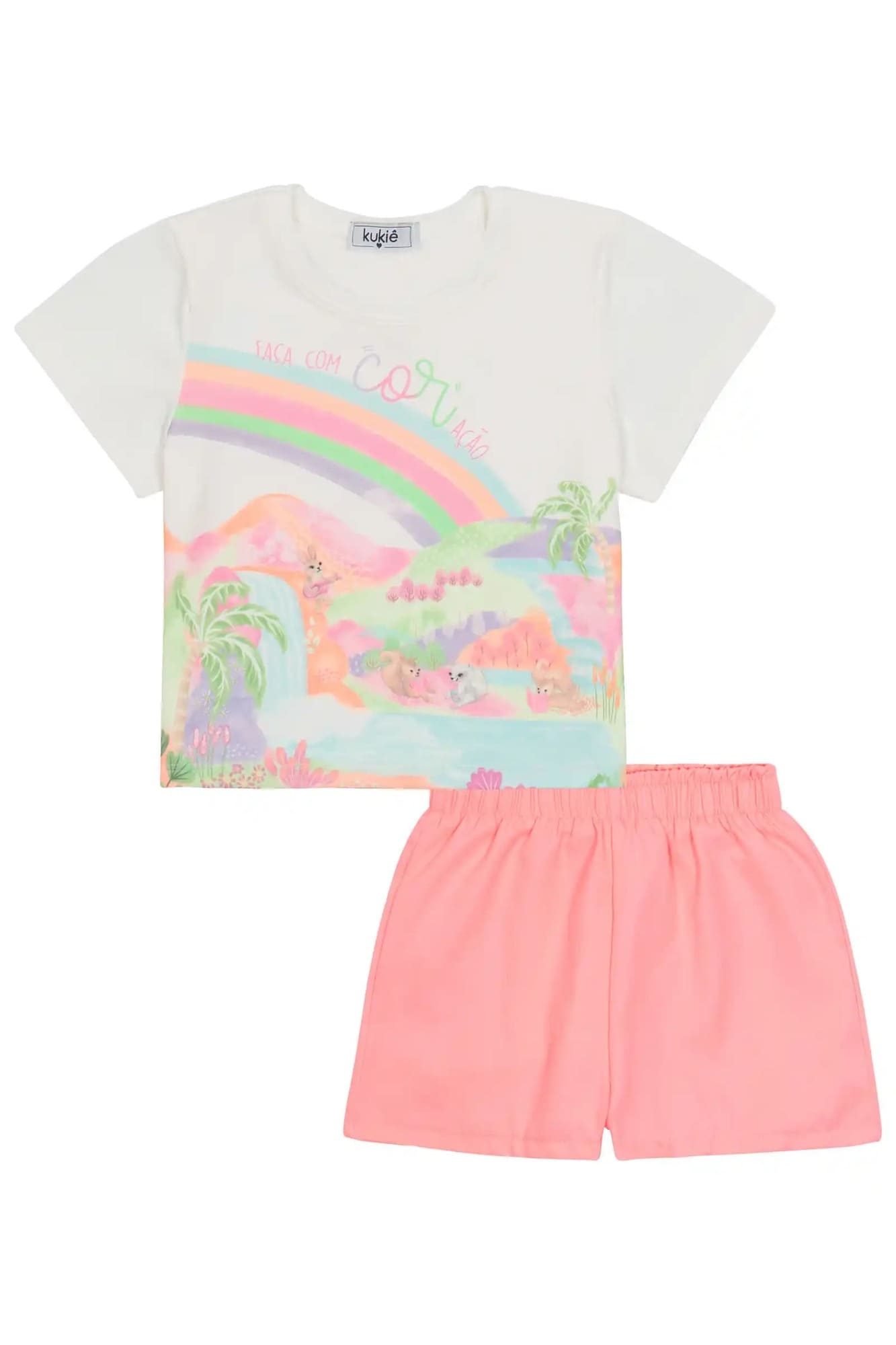 Conjunto Infantil Kukiê com Shorts Rosa e Blusa Manga Curta Animais na Floresta