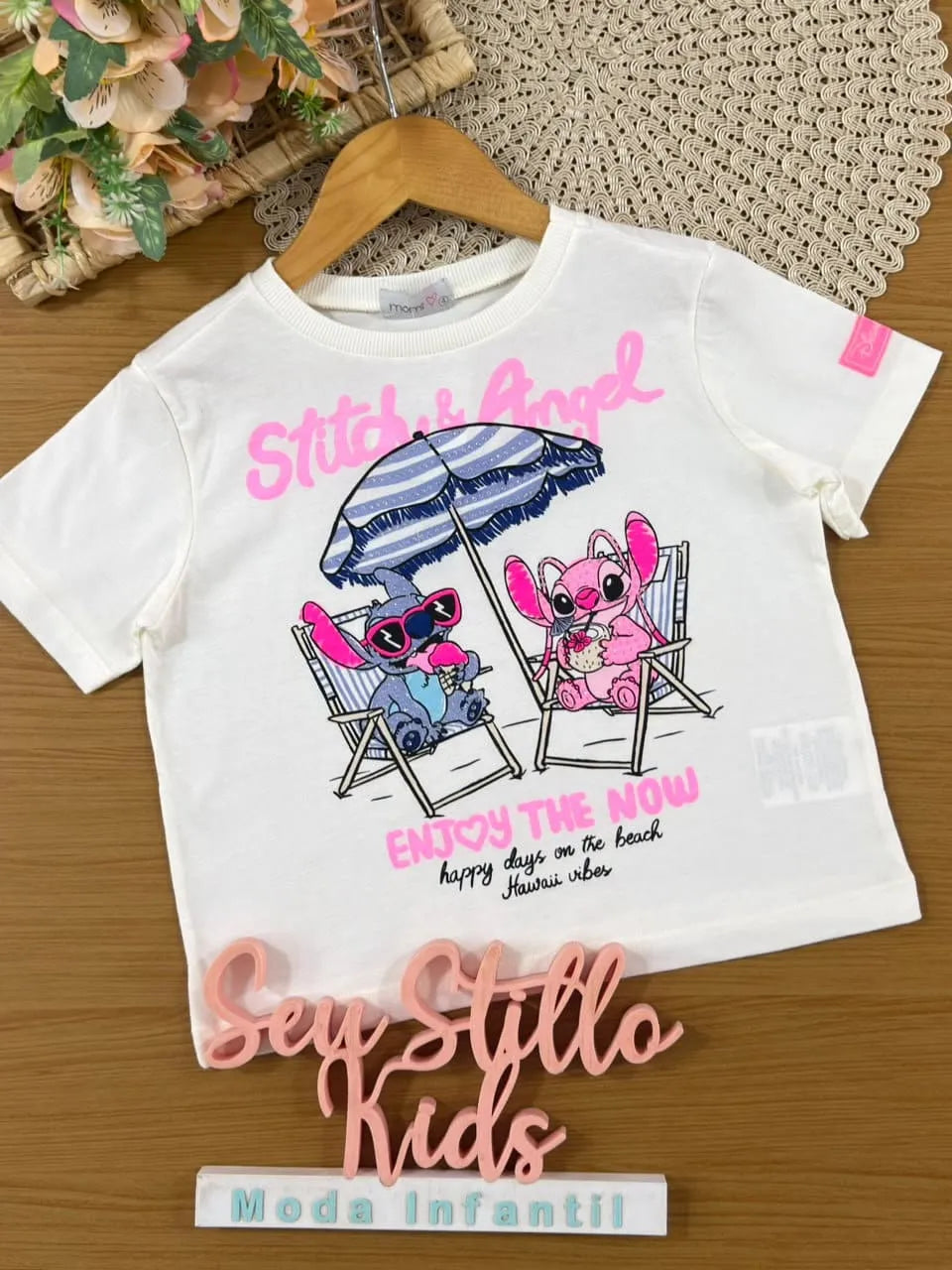 Blusa Infantil Menina Momi Stitch e Angel Verão Strass Disney