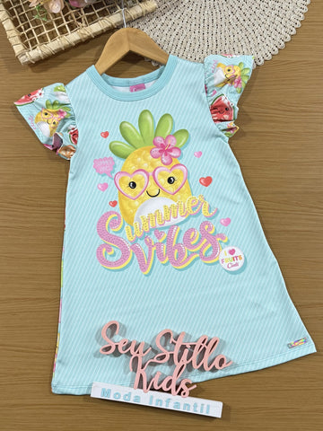 Vestido Infantil Cinti Verão Azul Frutinhas com Strass