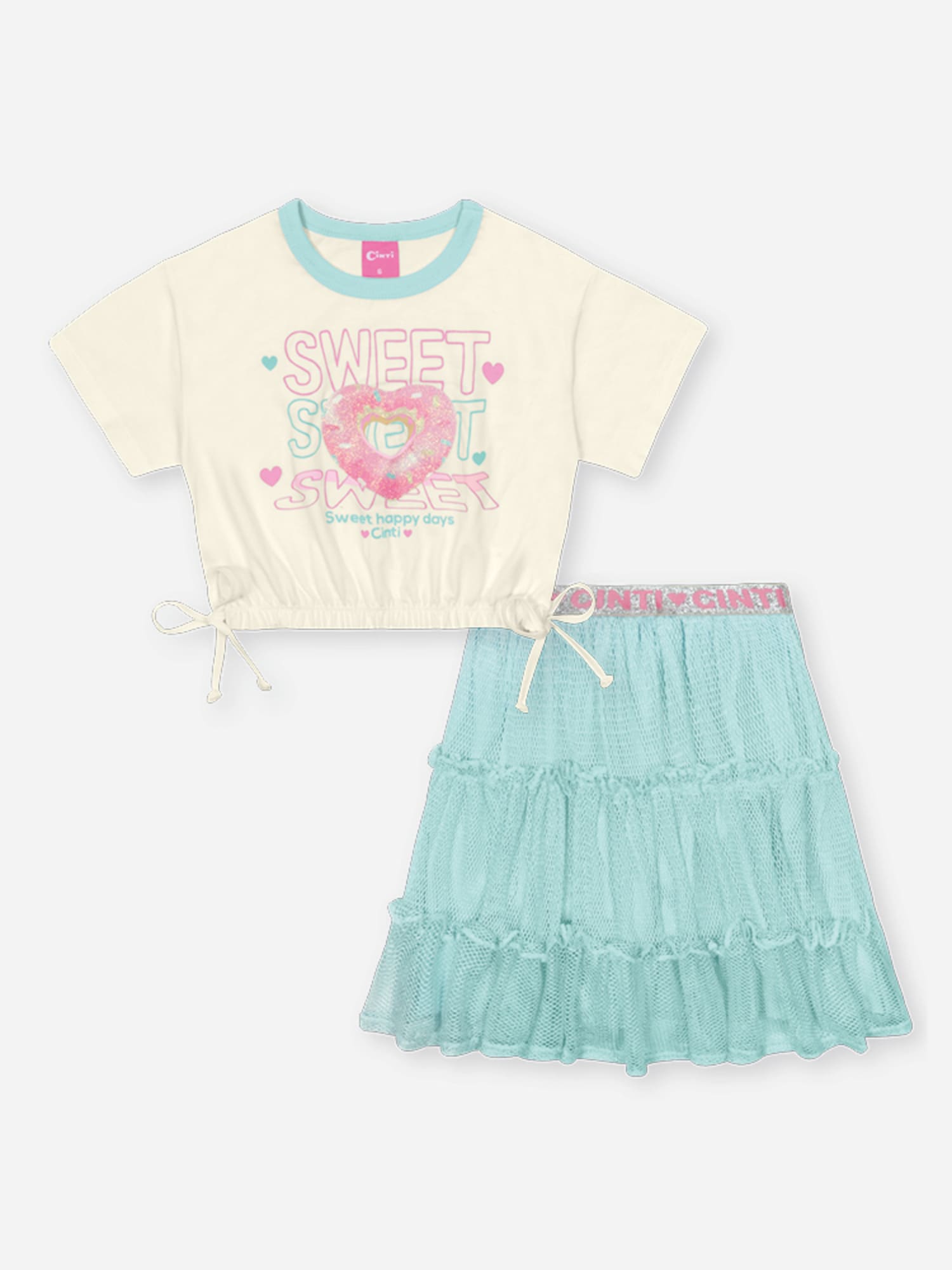 Conjunto Infantil Cinti Verão com Saia Azul em Tela e Blusa Branca Rosquinha