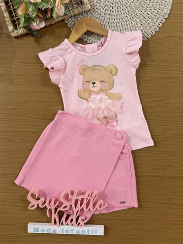 Conjunto Infantil Kukiê Verão com Shorts Saia e Blusa Rosa Ursinha Bailarina