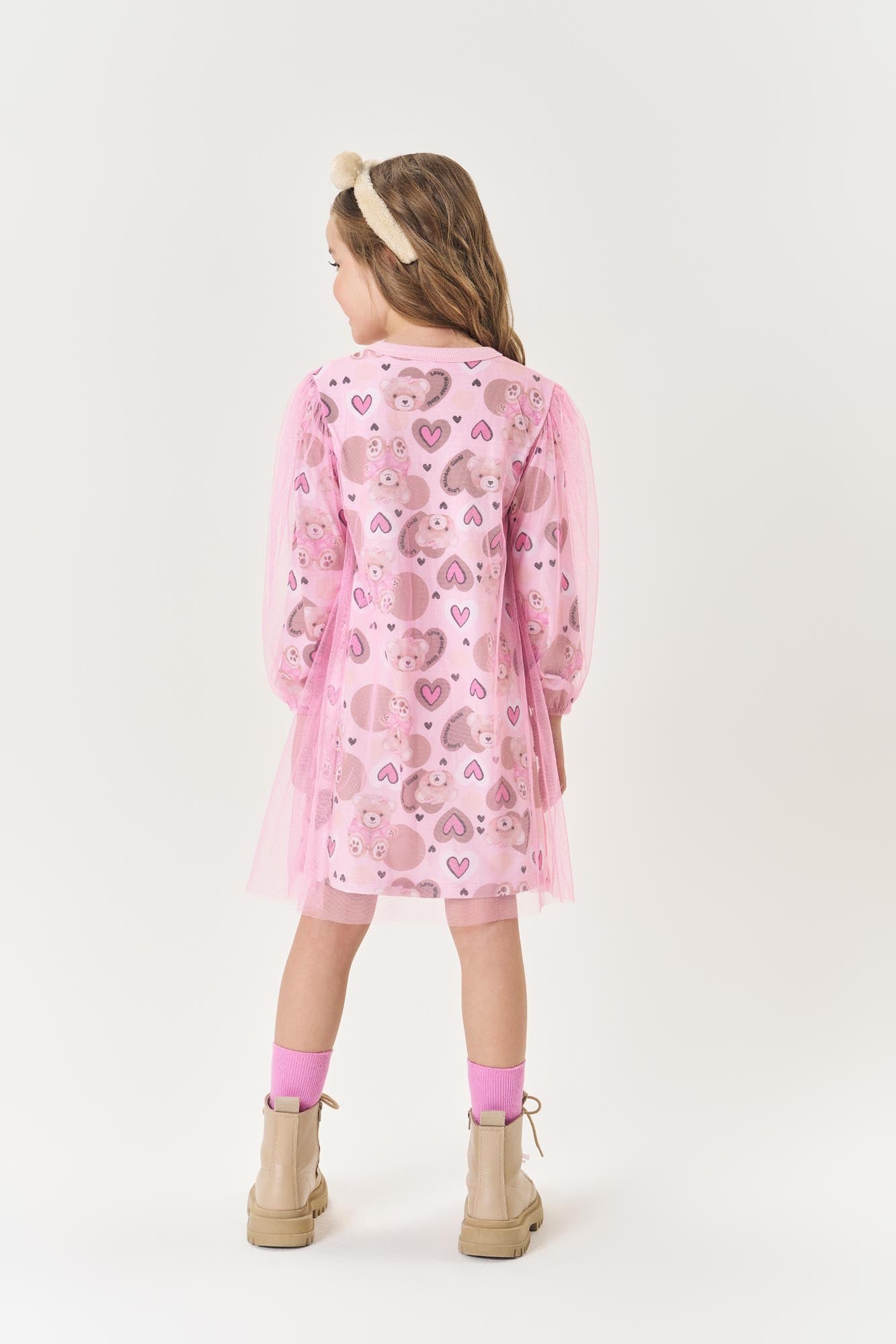 Vestido Infantil Cinti Inverno Rosa com Sobreposição em Tule Glitter