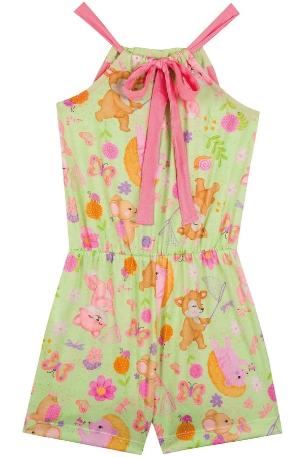 Macacão Curto Infantil Kukiê Verão Verde Raposinha na Floresta