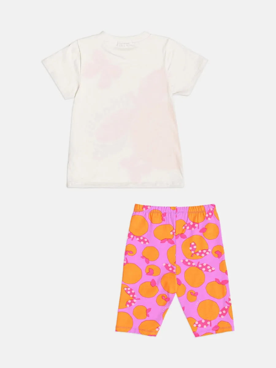 Conjunto Infantil Menina Bimbi com Shorts Ciclista Roxo e Blusa Branca Laranjinha