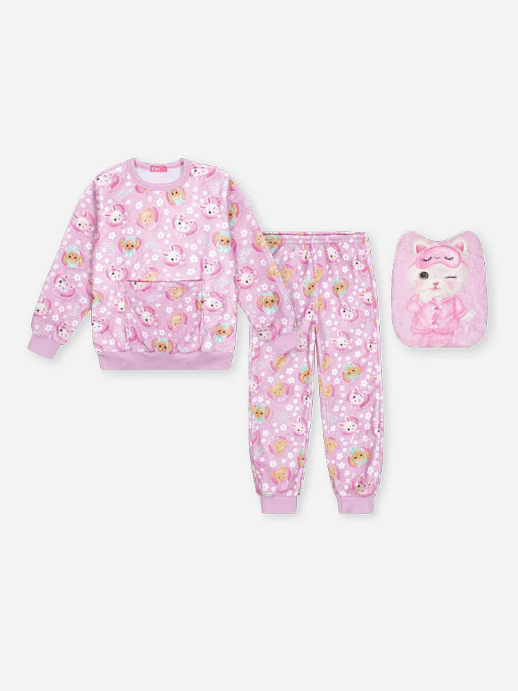 Pijama Infantil Cinti Inverno com Calça e Casaco Rosa Bichinhos