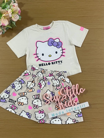 Conjunto Infantil Momi Verão Saia e Blusa Bege Hello Kitty