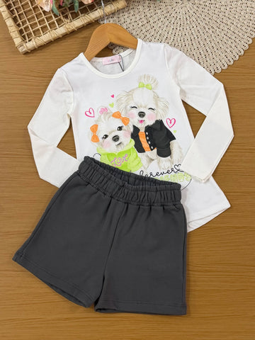 Conjunto Infantil Kukiê com Shorts Cinza e Blusa Cachorrinhas Best Friends