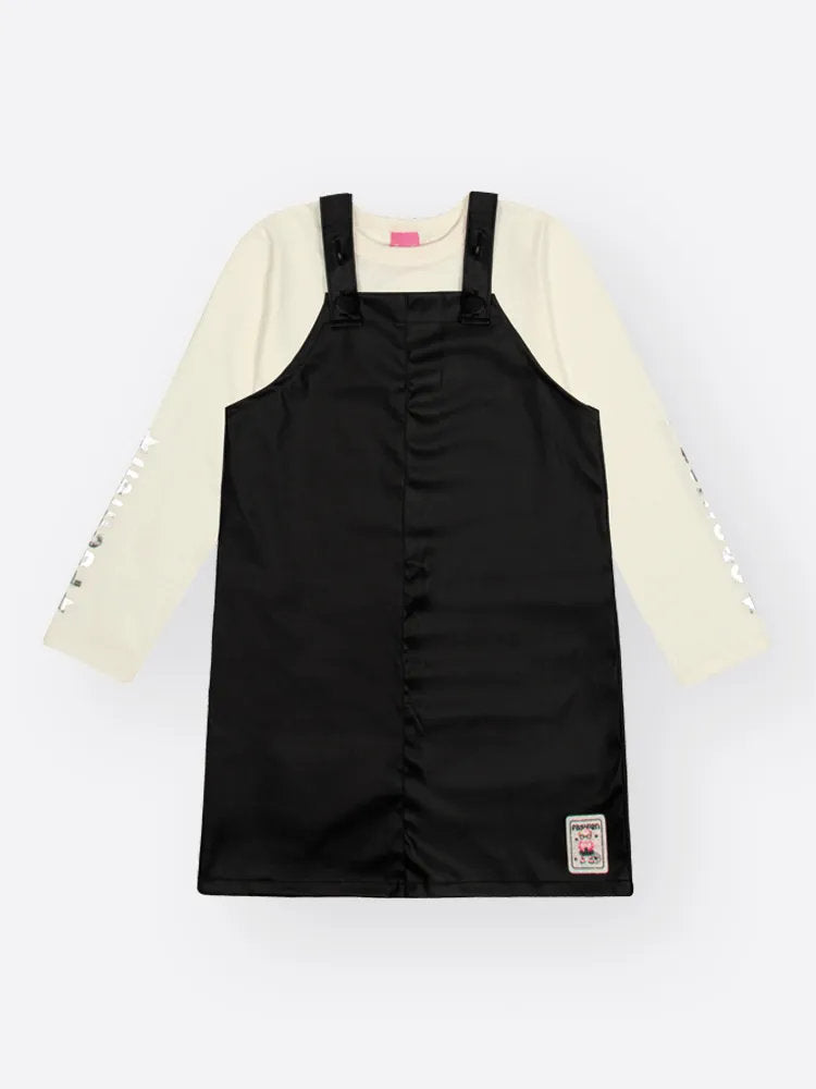 Conjunto Infantil Cinti Inverno Salopete Preta Courino e Blusa Manga Longa Branca
