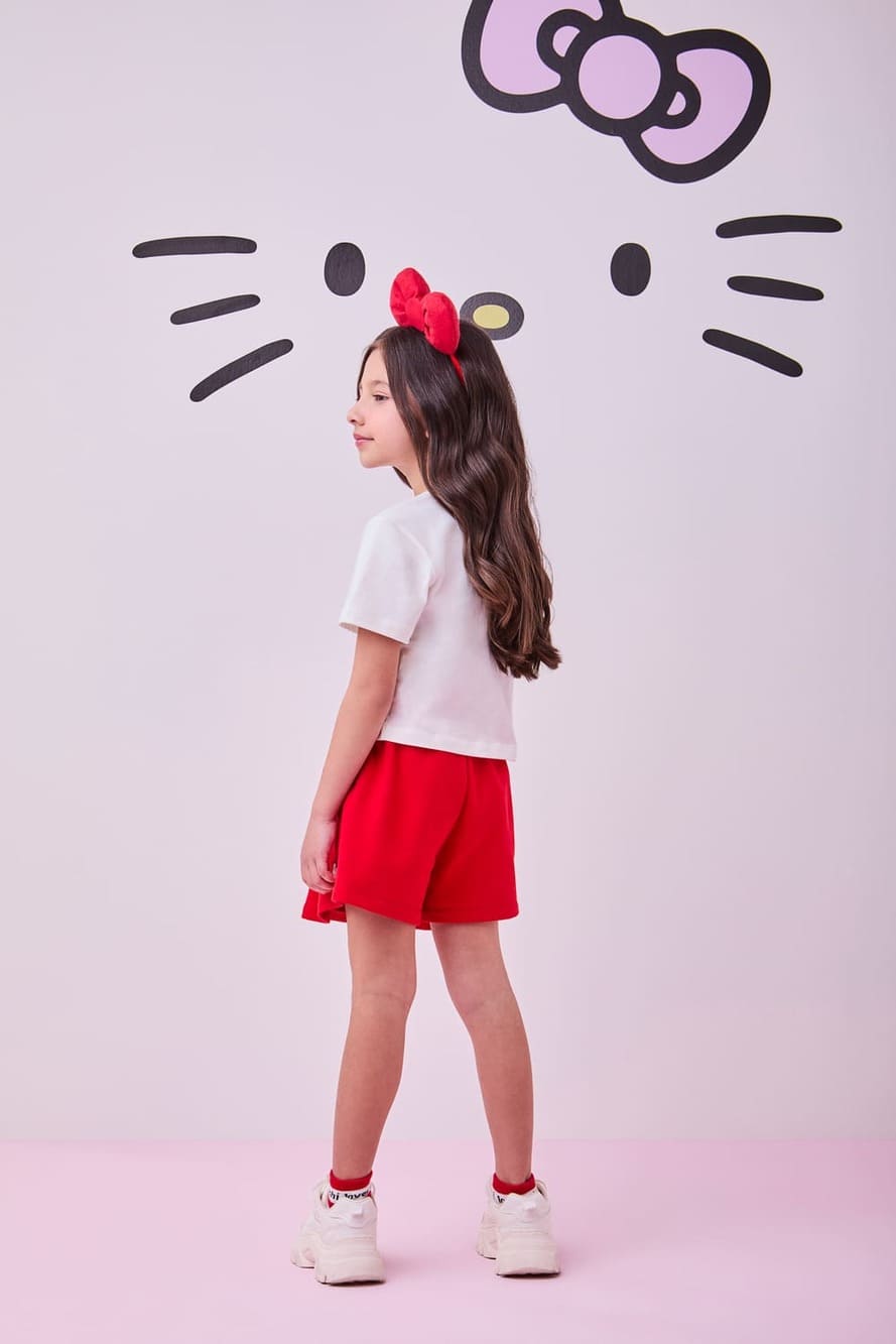 Conjunto Infantil Momi Verão Shorts Saia Vermelha e Blusa Hello Kitty