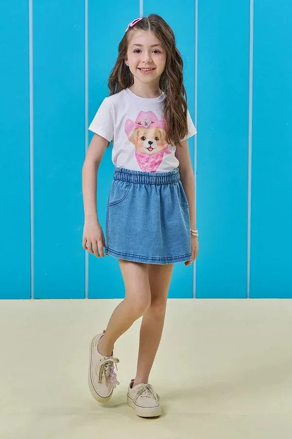 Conjunto Infantil Menina Kukiê com  Shorts Jeans e Blusa Cachorrinha Boiadeira
