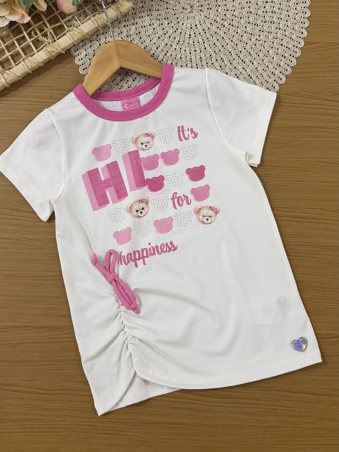 Conjunto Infantil Cinti Inverno Com Bermuda Rosa e Blusa Manga Curta Branca Ursinha
