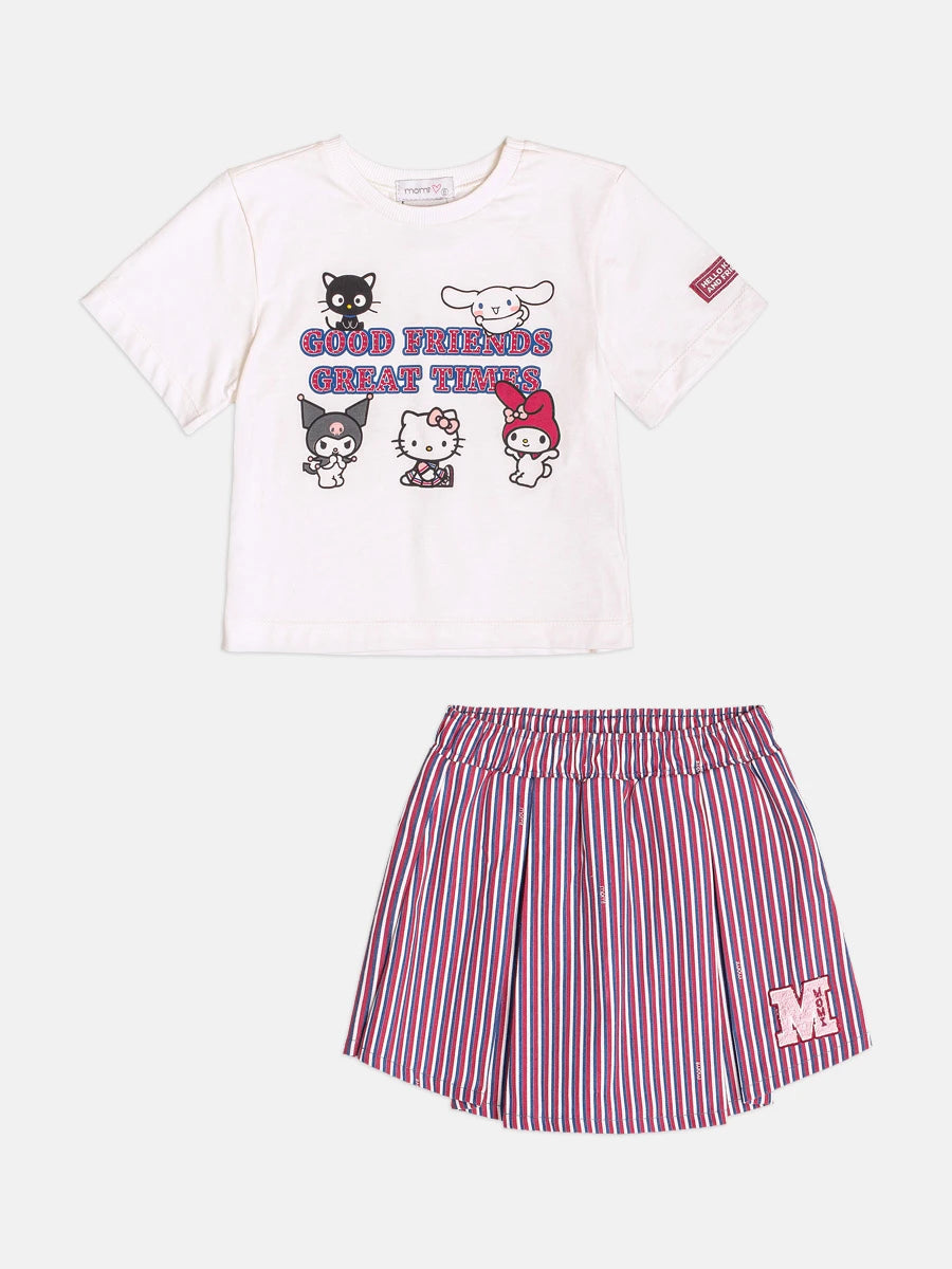 Conjunto Infantil Momi Inverno com Shorts Saia Listrado e Blusa Manga Curta Hello Kitty Good Friends