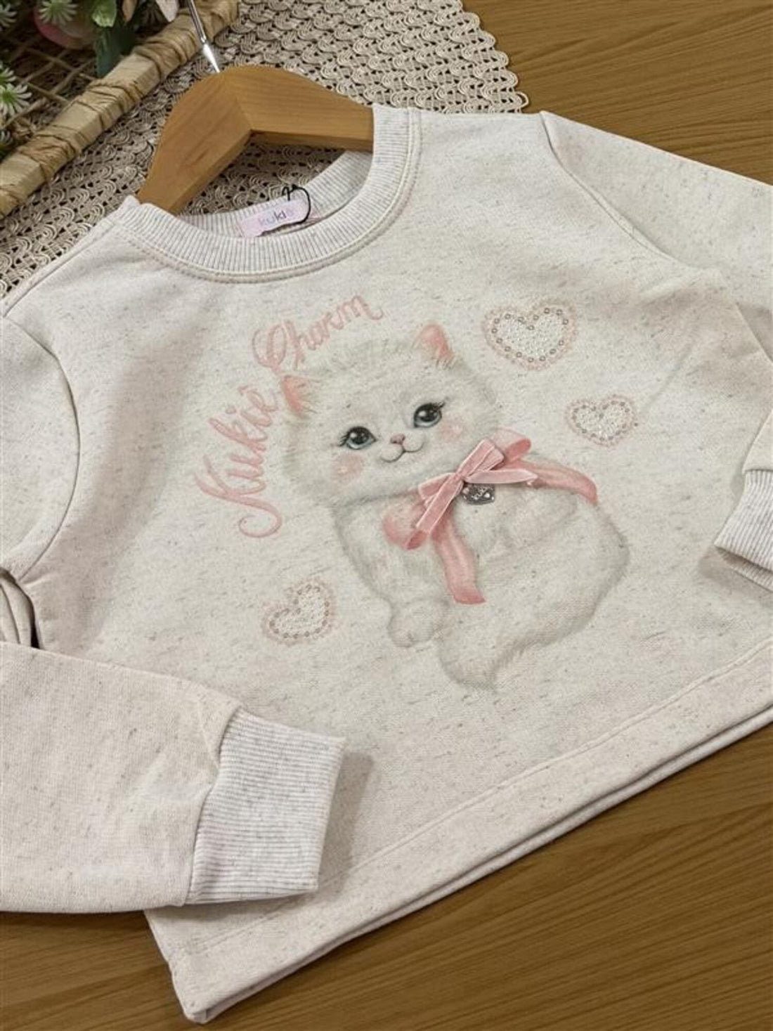 Conjunto Infantil Kukiê Inverno com Shorts Rosa e Moletom sem Flanela Gatinha com Strass