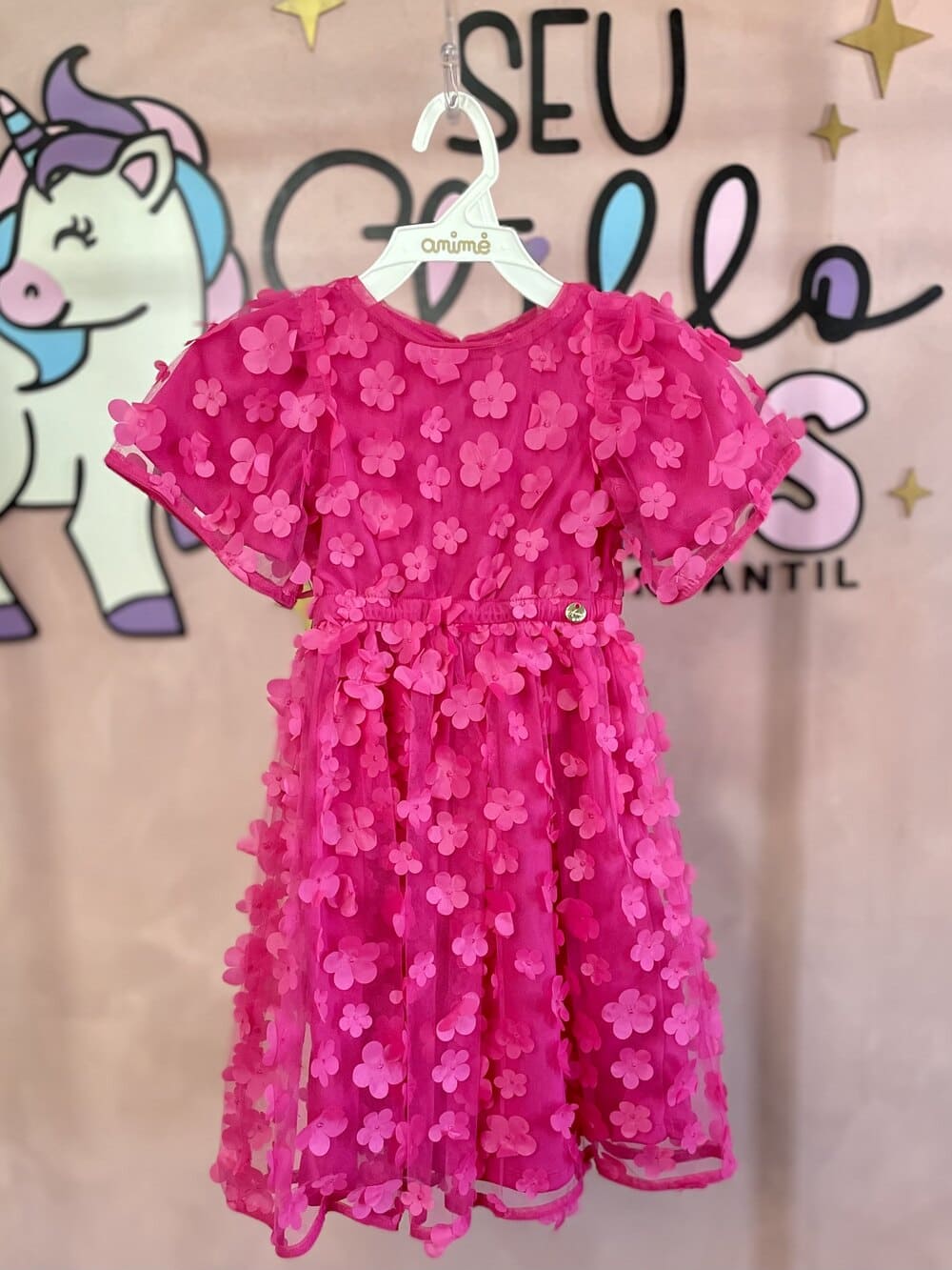 Vestido Infantil Animê Verão Tule Rosa Flores 3D