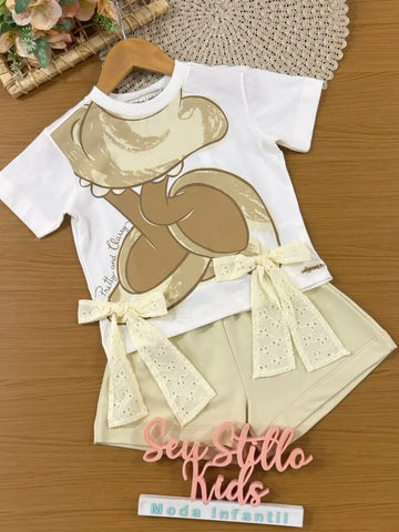 Conjunto Infantil Menina Animê Shorts Bege e Blusa Minnie Lacinho Disney
