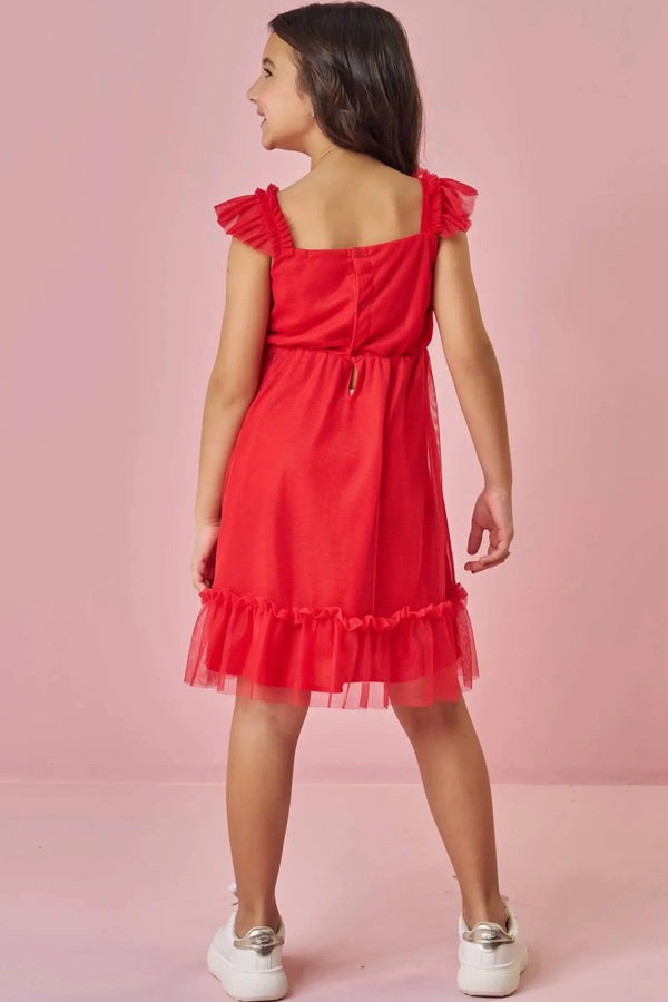 Vestido Infantil Kukiê Verão Vermelho com Tule e Strass