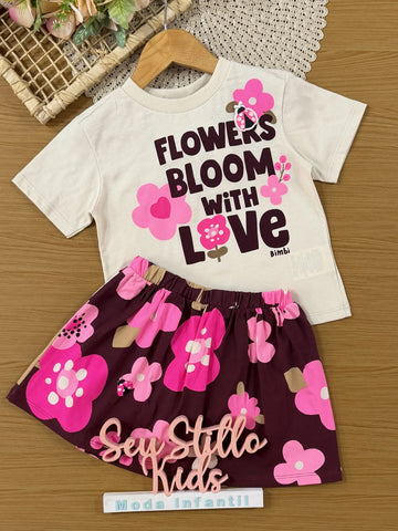 Conjunto Infantil Bimbi Inverno com Saia e Blusa Manga Flowers