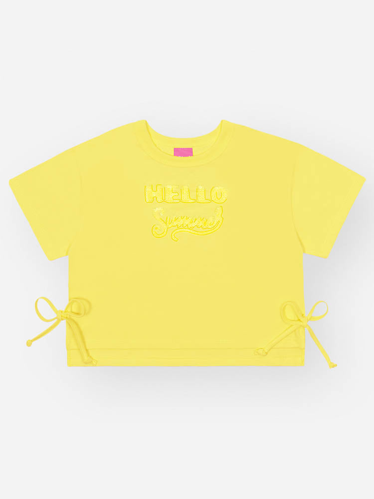 Conjunto Infantil Cinti Verão com Shorts Off White e Blusa Amarela Hello