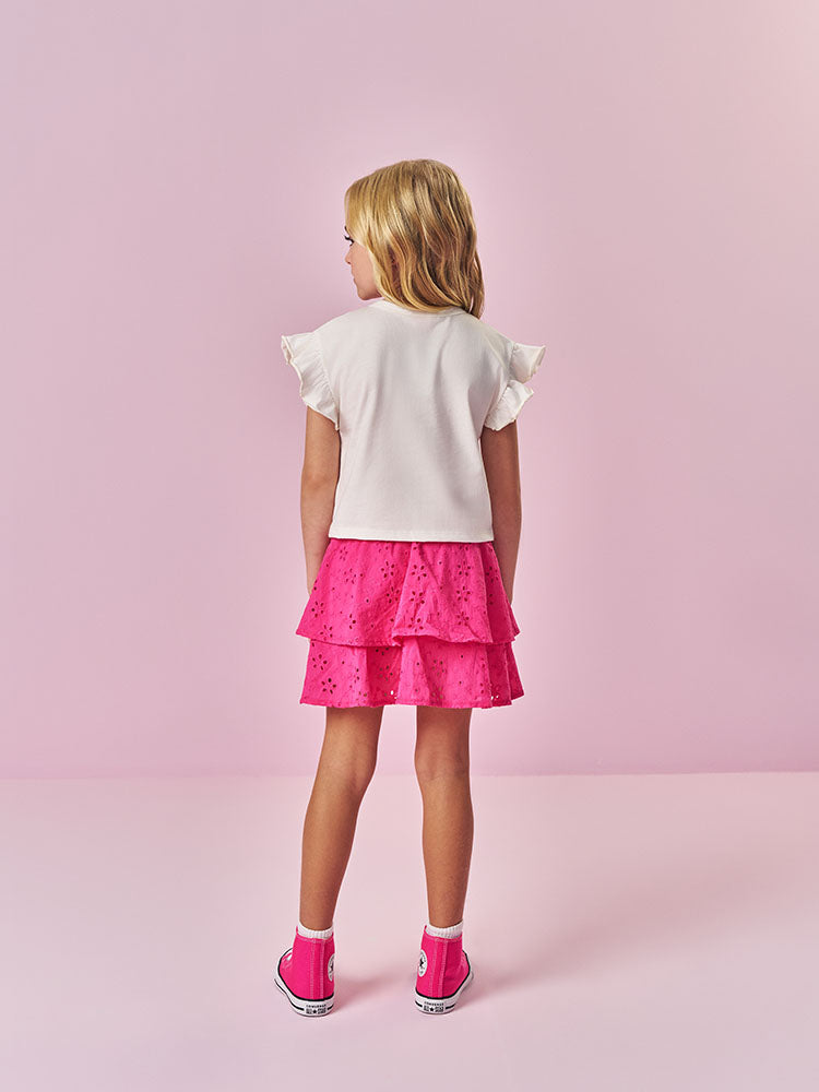 Conjunto Infantil Cinti Verão com Saia Rosa e Blusa Branca Coração Bordado