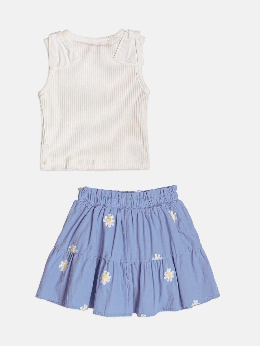 Conjunto Infantil Menina Momi com Saia Azul e Regata Florzinha