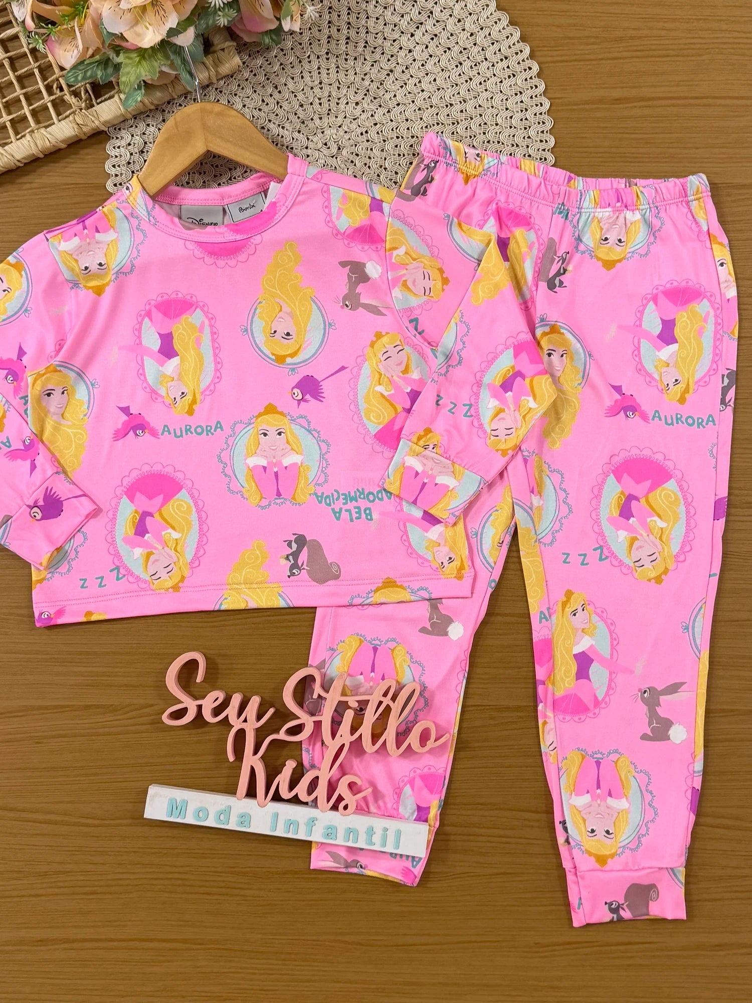 Pijama Infantil Bimbi inverno com Calça e Blusa Manga Longa Rosa Aurora Disney