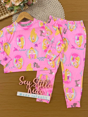 Pijama Infantil Bimbi inverno com Calça e Blusa Manga Longa Rosa Aurora Disney
