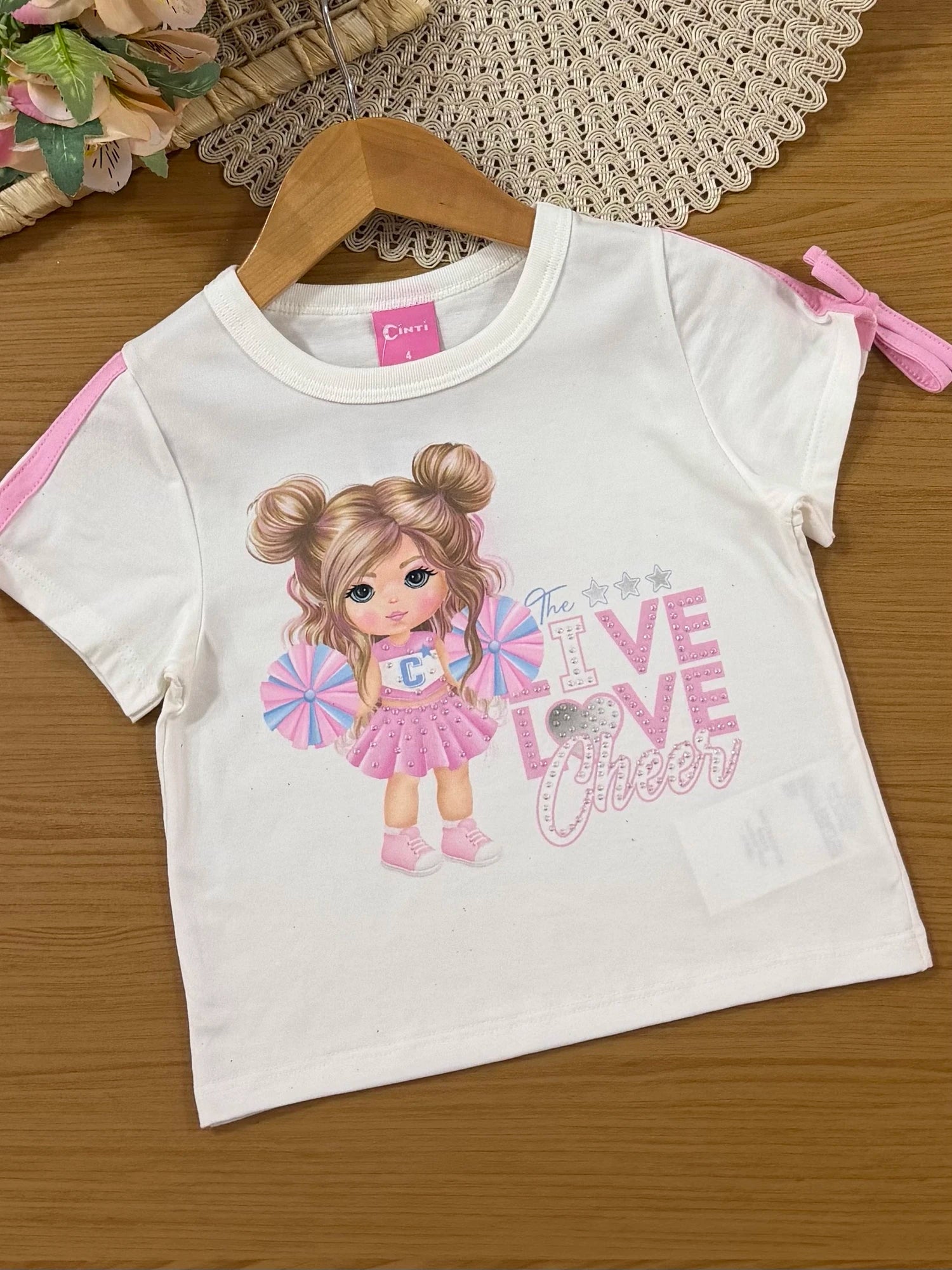 Conjunto Infantil Cinti Verão com Saia Cinza Holografico e Blusa Lider de Torcida Love