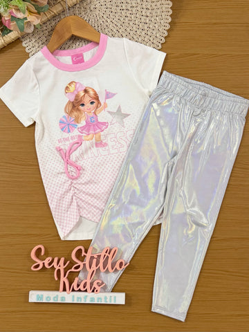 Conjunto Infantil Cinti Verão com Calça Legging Cinza Holografico e Blusa Lider de Torcida