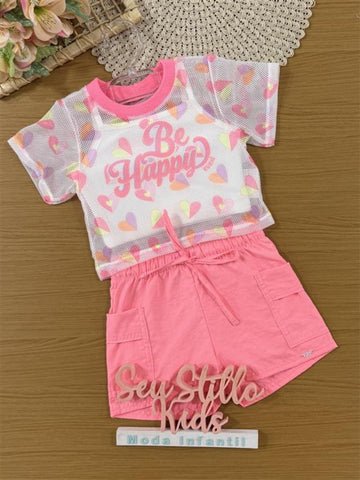 Conjunto Infantil Kukiê Verão, Shorts Rosa Top Branco e Sobreposição em Tela Corações