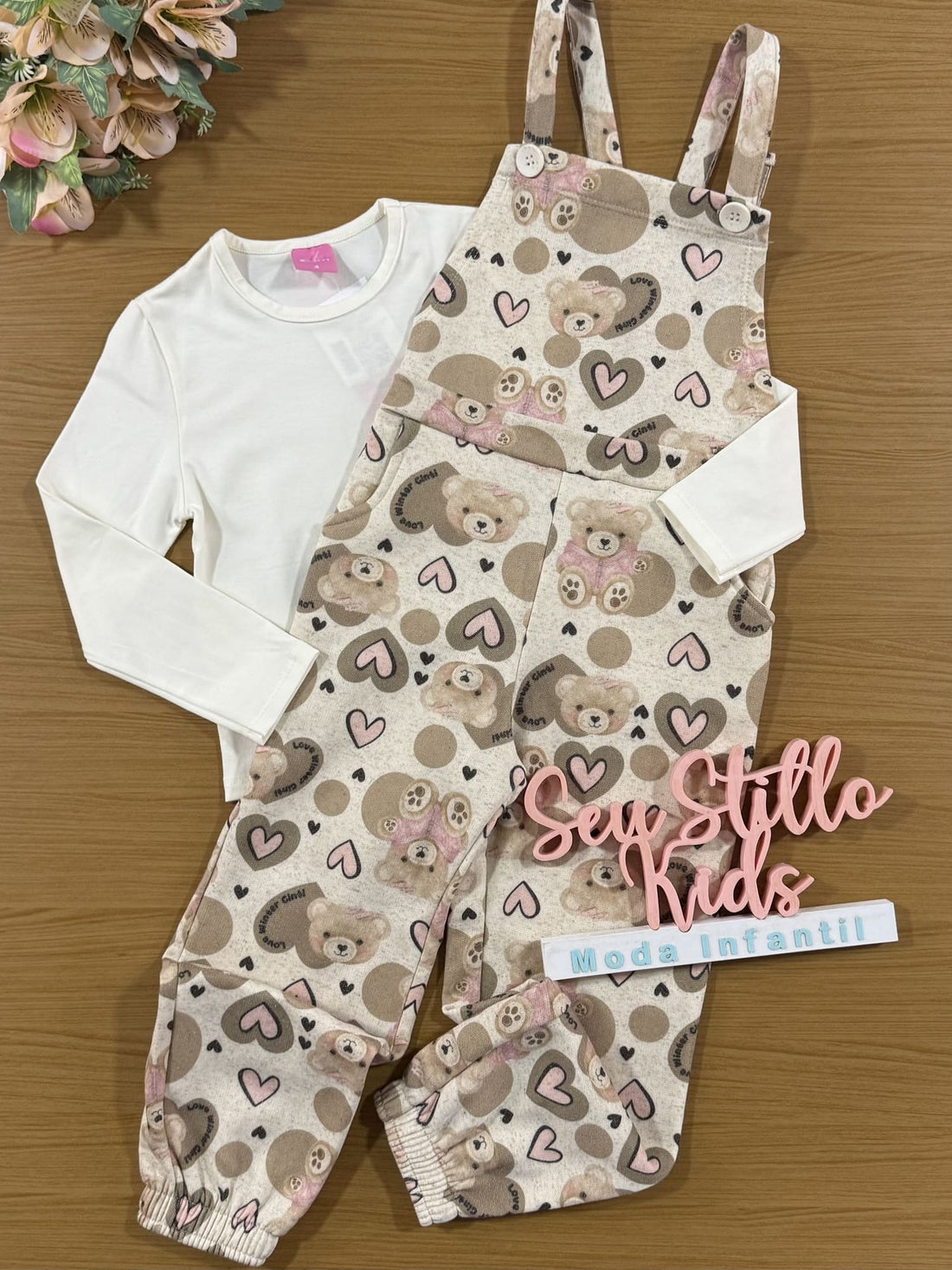 Jardineira Infantil Cinti Inverno Ursinhos e Blusa Manga Longa Branca