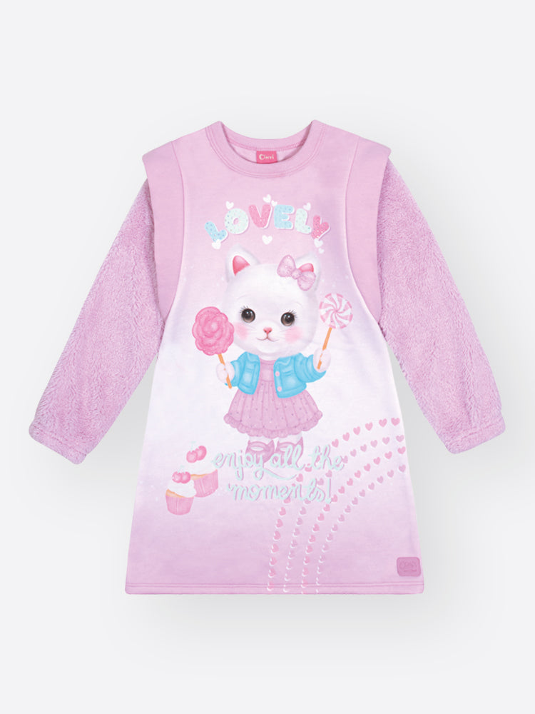 Vestido Infantil Cinti Inverno Flanelado Lilás Gatinha Lovely