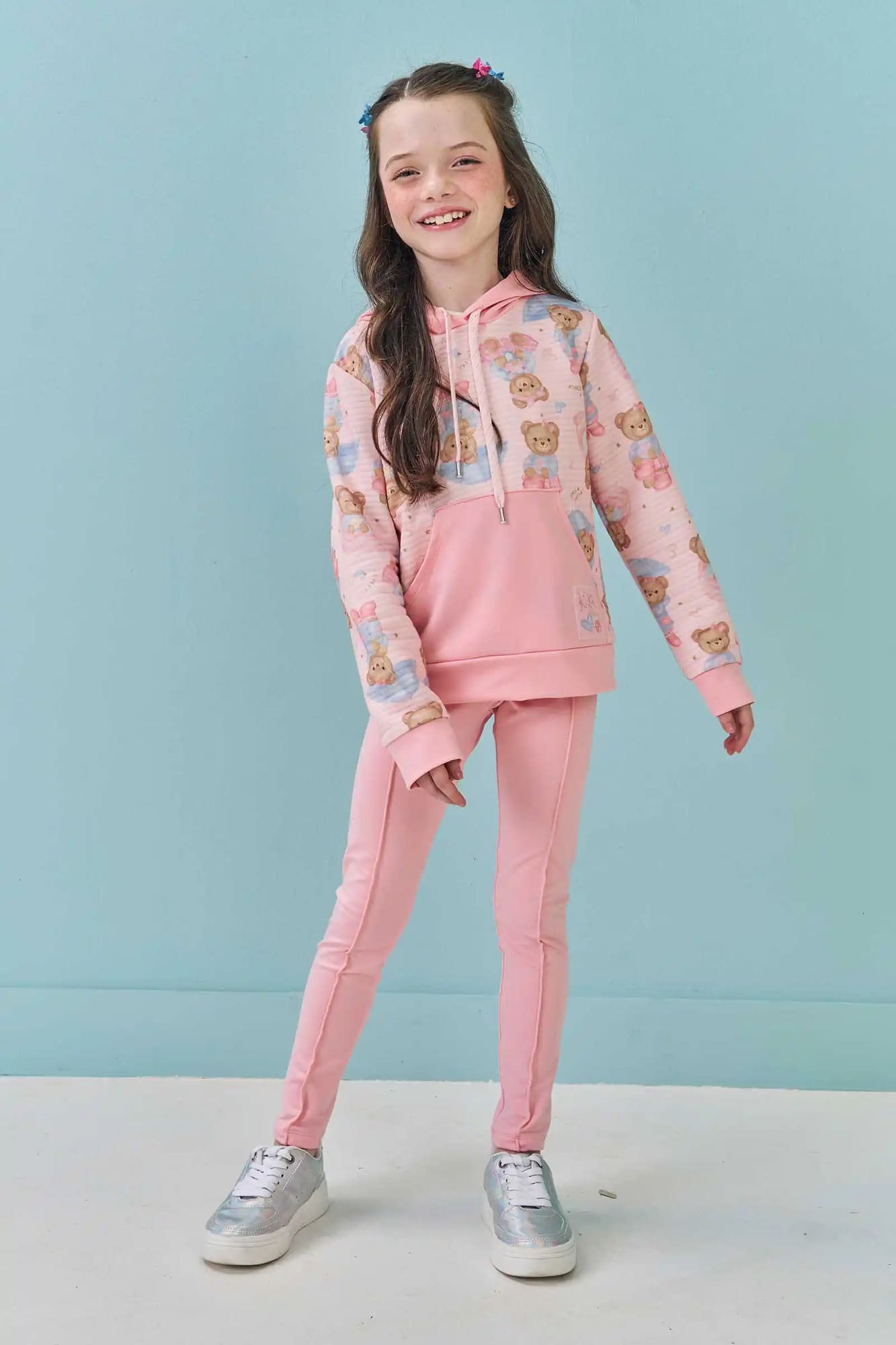 Conjunto Infantil Kukiê Inverno com Calça Legging e Casaco Rosa Ursinhas