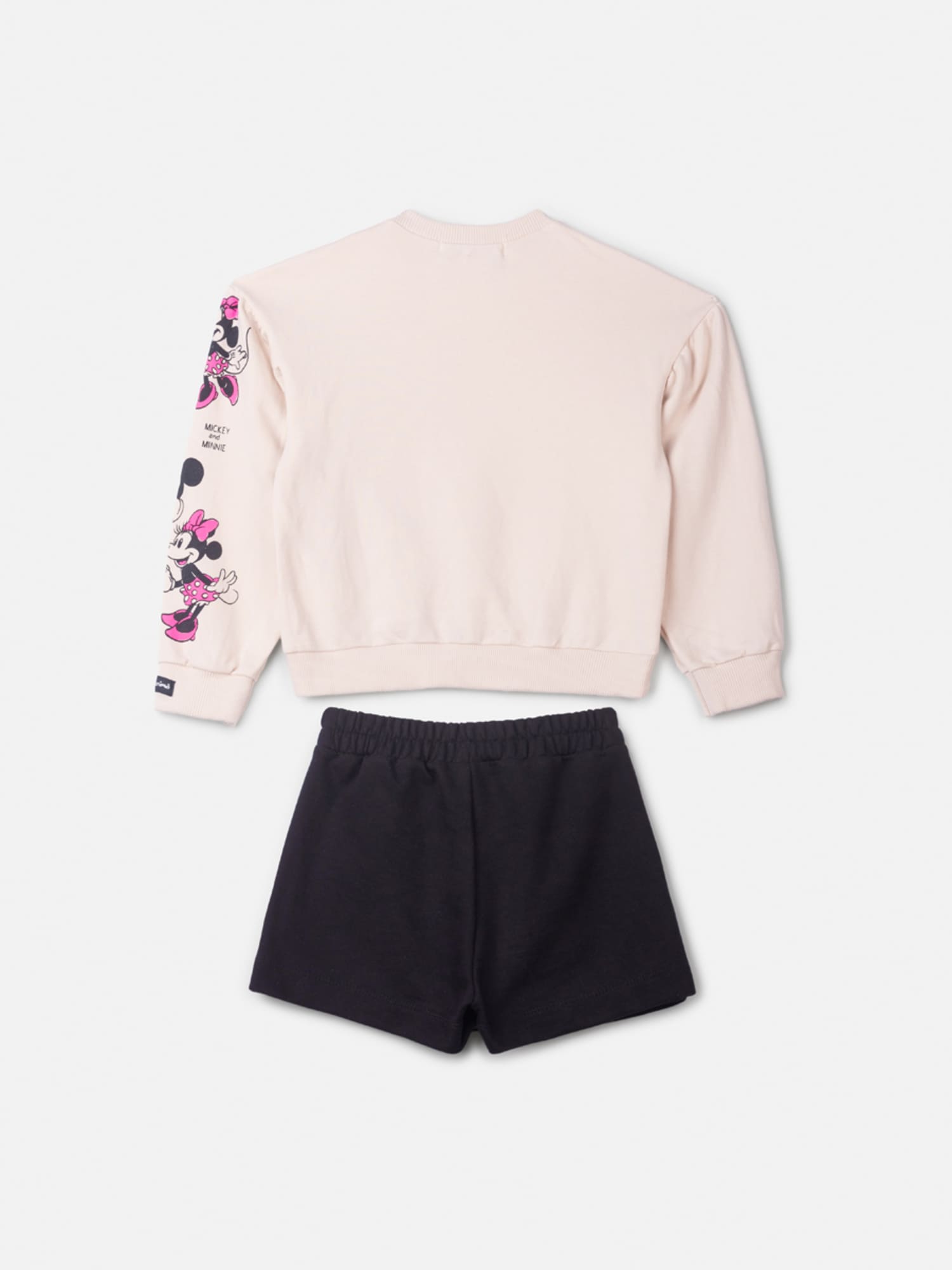 Conjunto Infantil Animê Inverno com Shorts Saia Preta e Casaco Bege Minnie e Mickey Disney